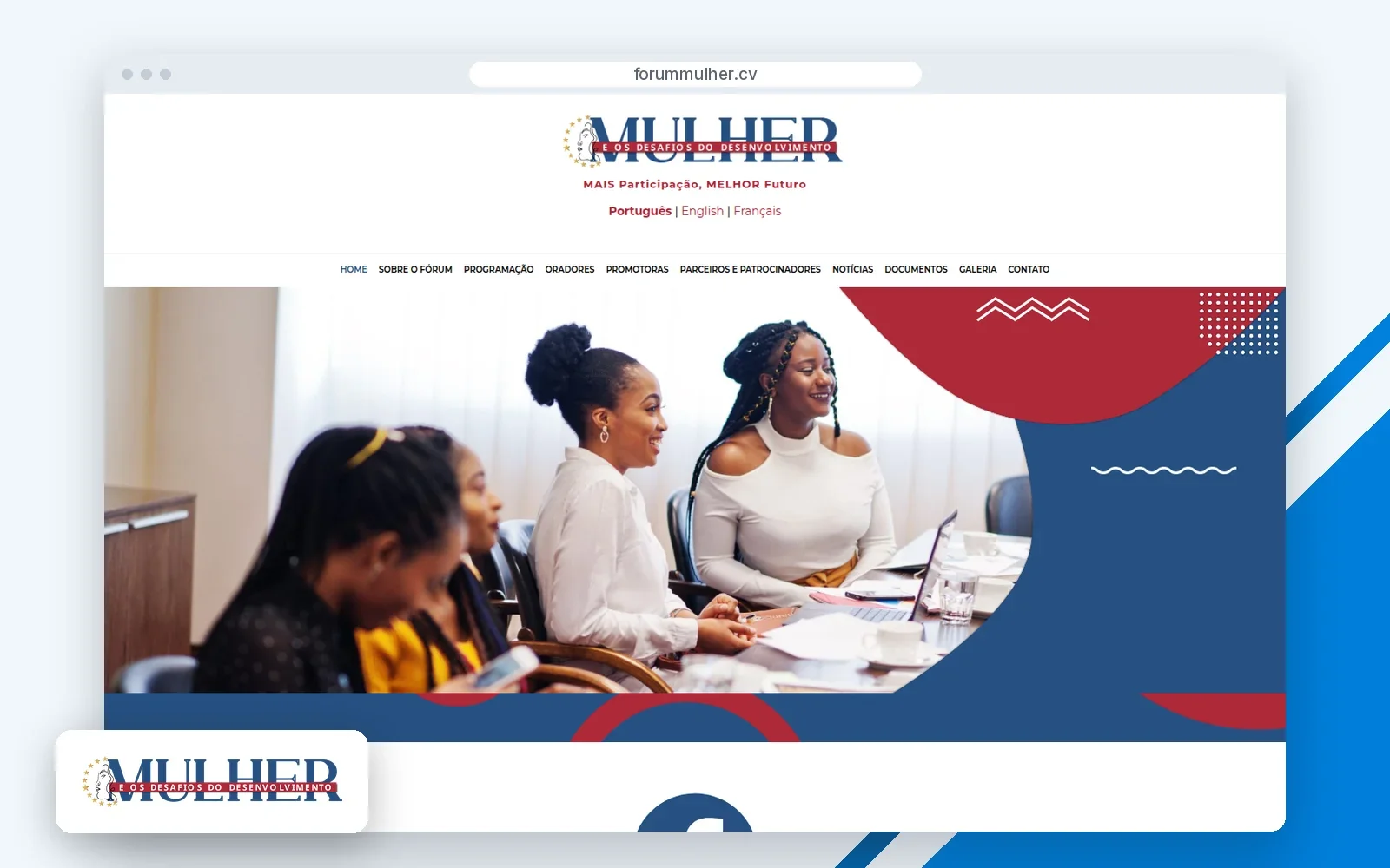 Página inicial do site Fórum Mulher, com o logótipo.