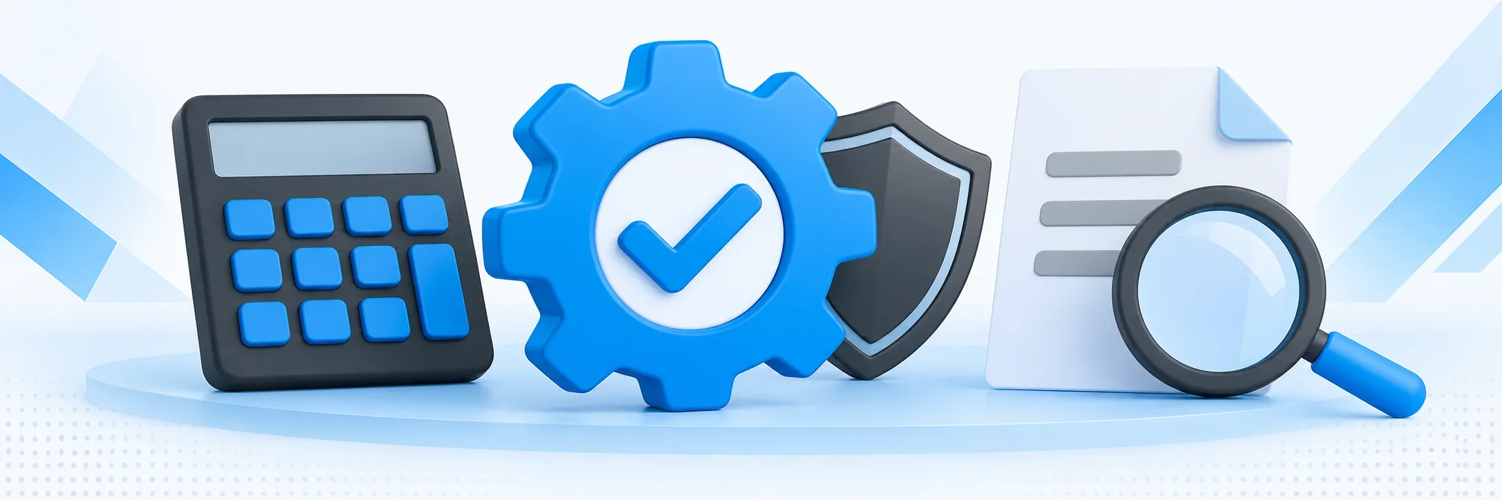 Ilustração: calculadora, engrenagem com um visto, escudo e documento com lupa.