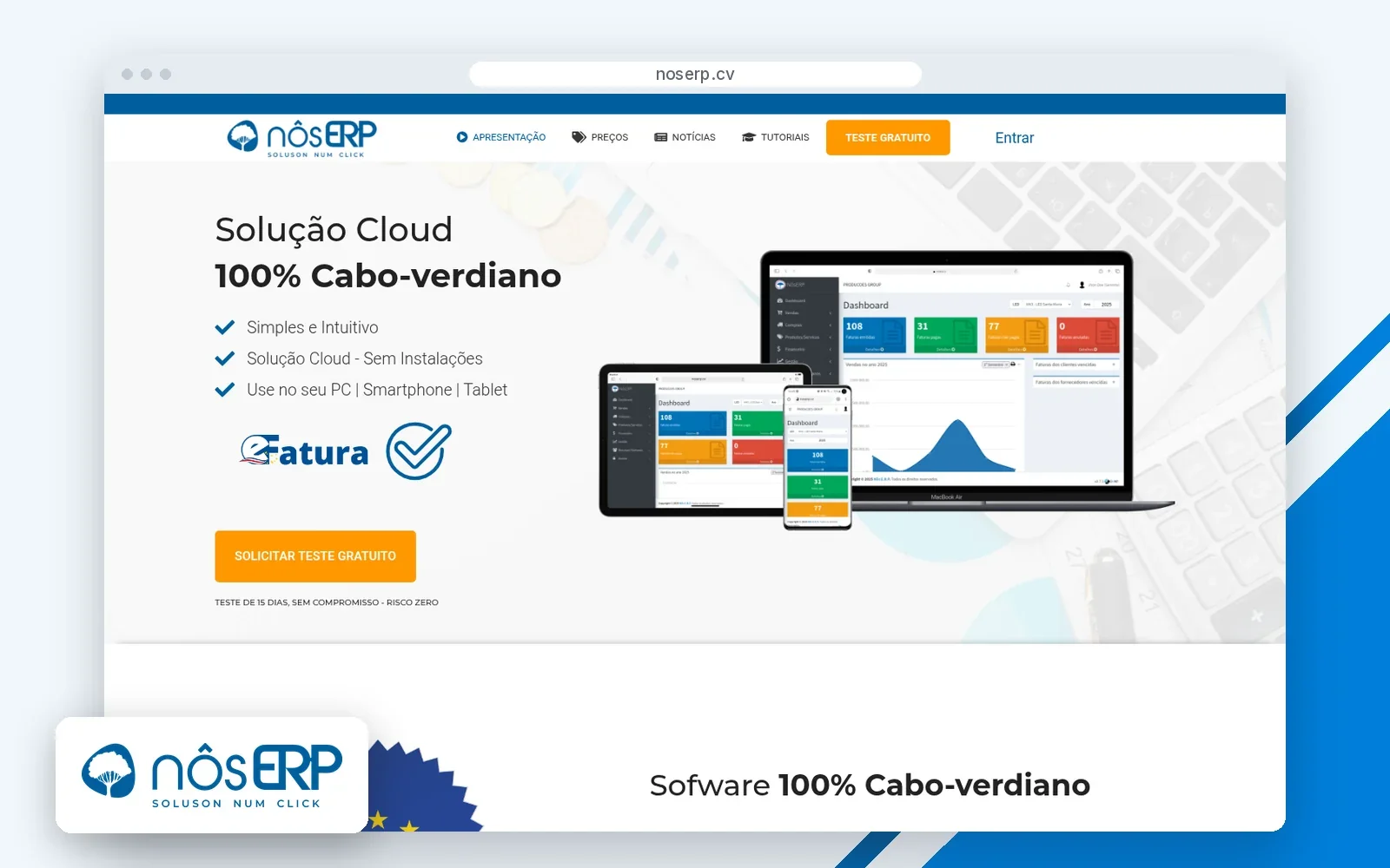 Página inicial do site nôsERP, com o logótipo.