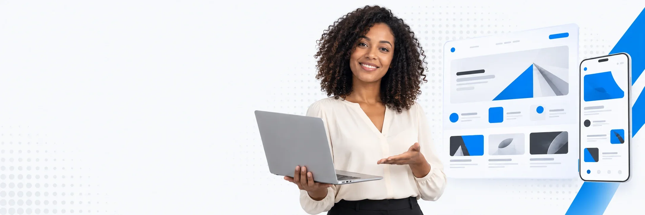 Profissional sorridente com um portátil, ao lado de um site que se adapta ao telemóvel.