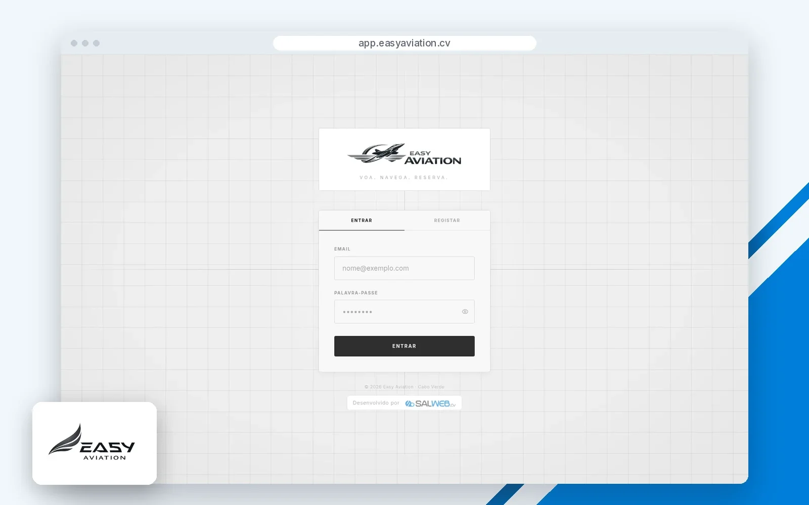 Página de entrada da aplicação Easy Aviation, com o logótipo.