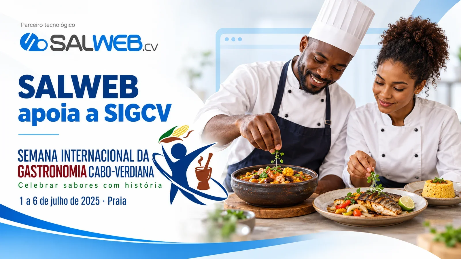SALWEB.cv, parceiro tecnológico da Semana Internacional da Gastronomia Cabo-verdiana, 1 a 6 de julho de 2025, Praia: dois chefs a preparar pratos cabo-verdianos.
