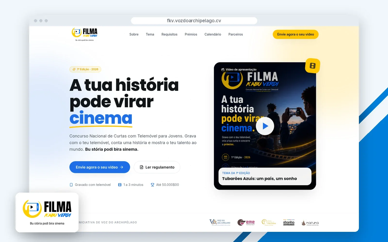 Página inicial do site Filma Kabu Verdi, com o logótipo.