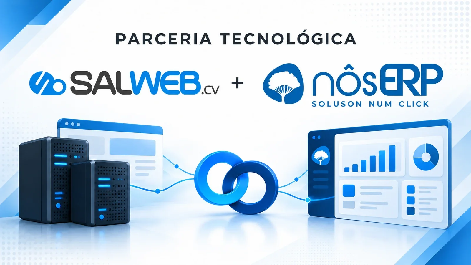 Parceria tecnológica: logótipos da SALWEB.cv e da nôsERP, com servidores e um painel de gestão ligados.
