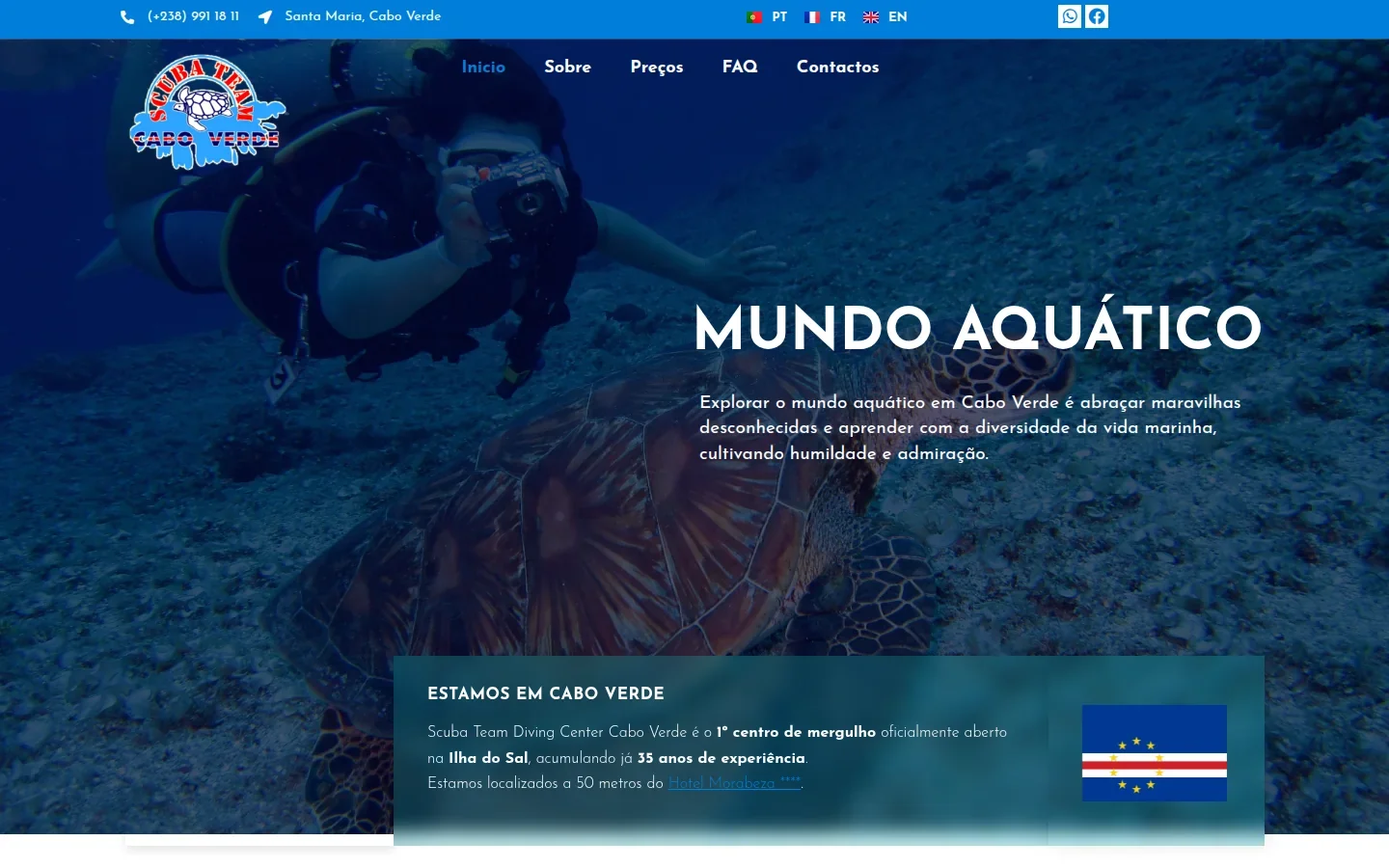 Página inicial do site Scubateam Cabo Verde.