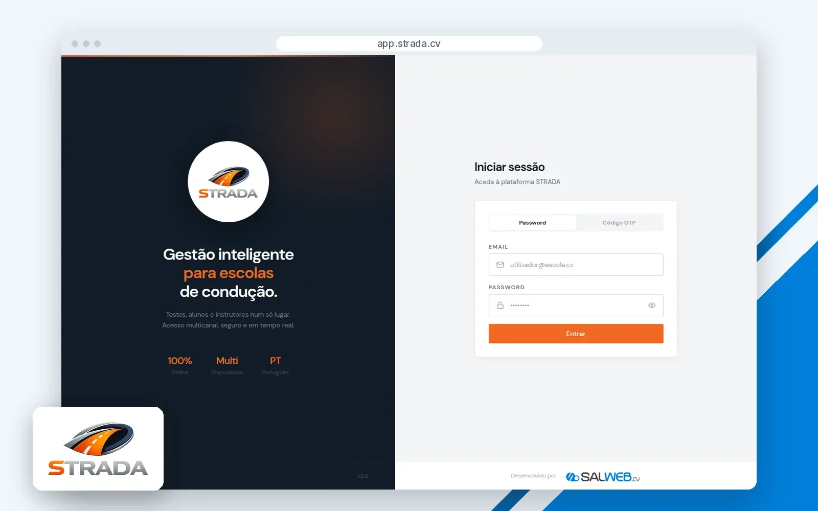 Página inicial do site STRADA, com o logótipo.