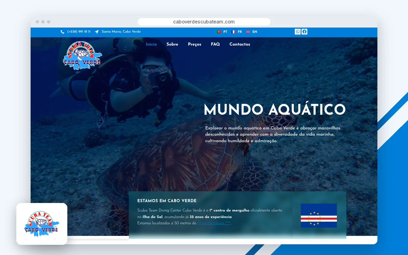 Página inicial do site Scubateam Cabo Verde, com o logótipo.