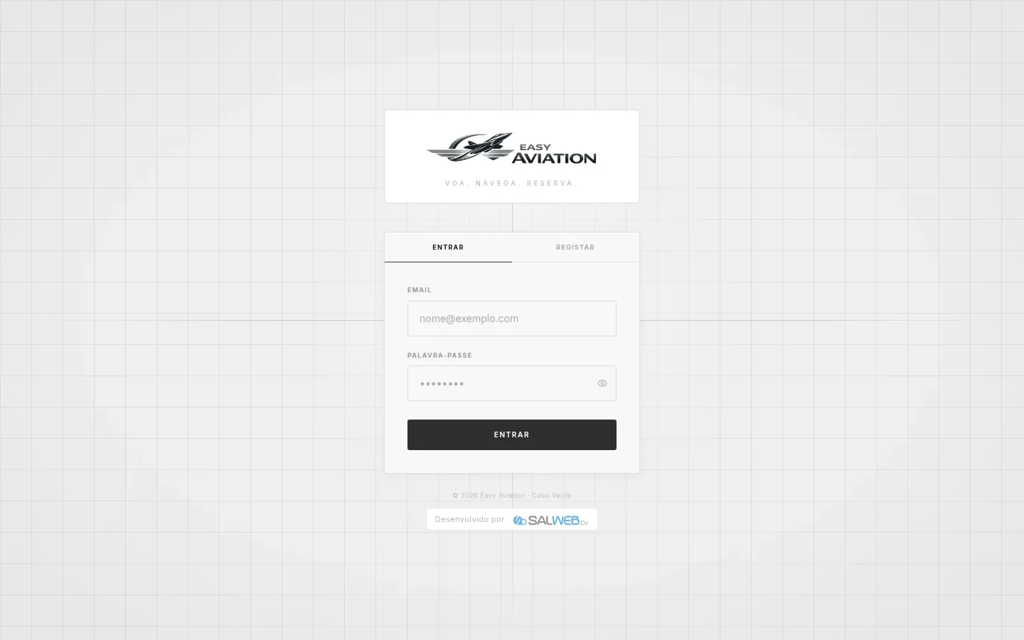 Página de entrada da aplicação Easy Aviation.